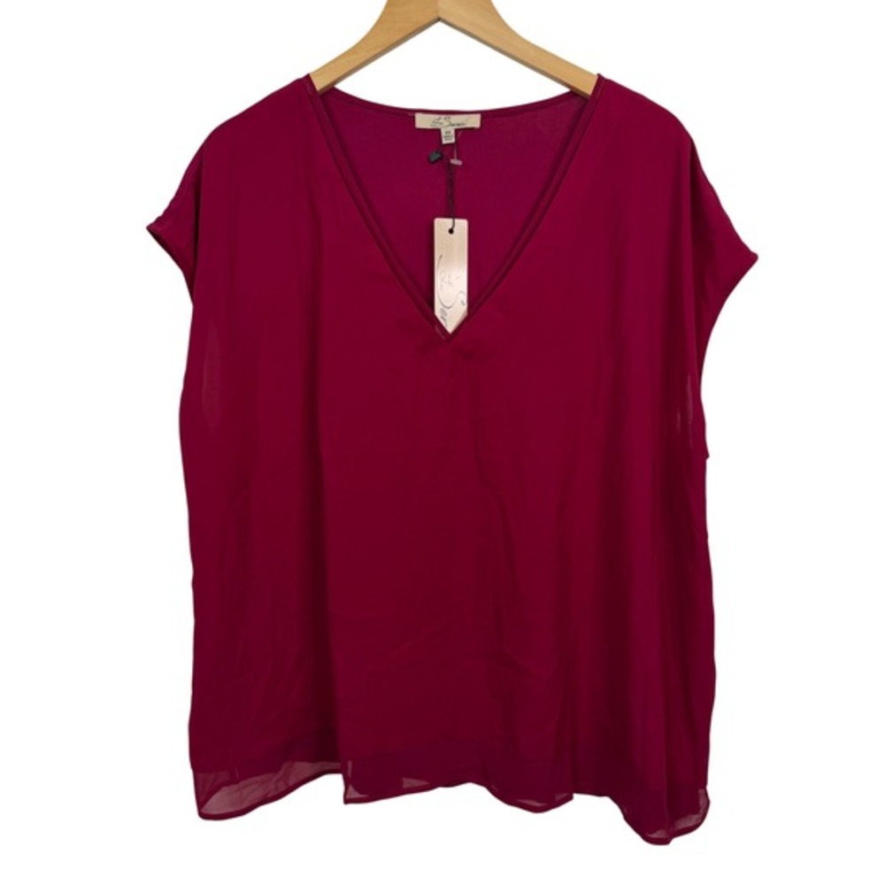La Serein Women Magenta Pink V-Neck Chiffon Layered Blouse 2X NWT - Picture 2 of 7